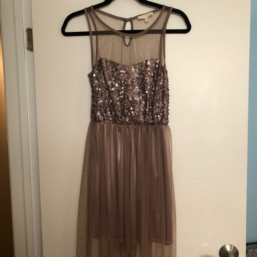 LUSH taupe sequin/mesh formal dress